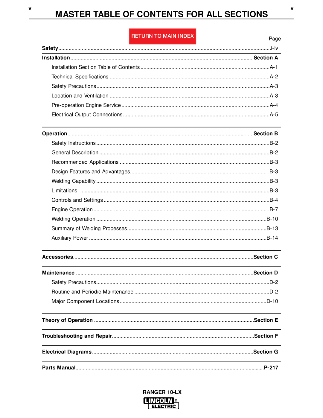 Lincoln Electric SVM120-A service manual Master Table of Contents for ALL Sections 