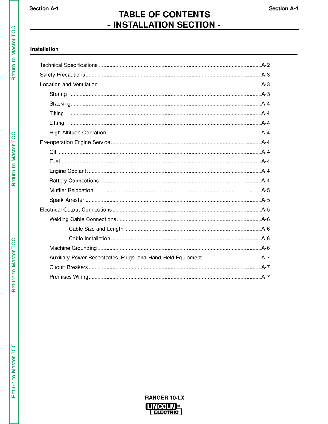 Lincoln Electric SVM120-A service manual Table of Contents Installation Section 