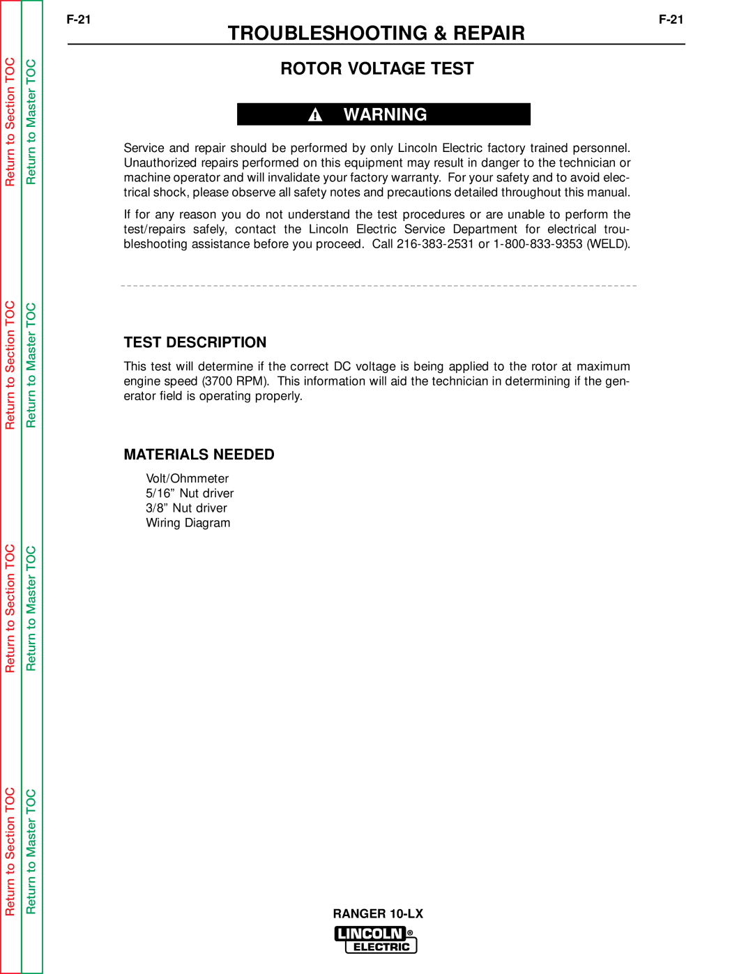 Lincoln Electric SVM120-A service manual Rotor Voltage Test, Test Description, Materials Needed 