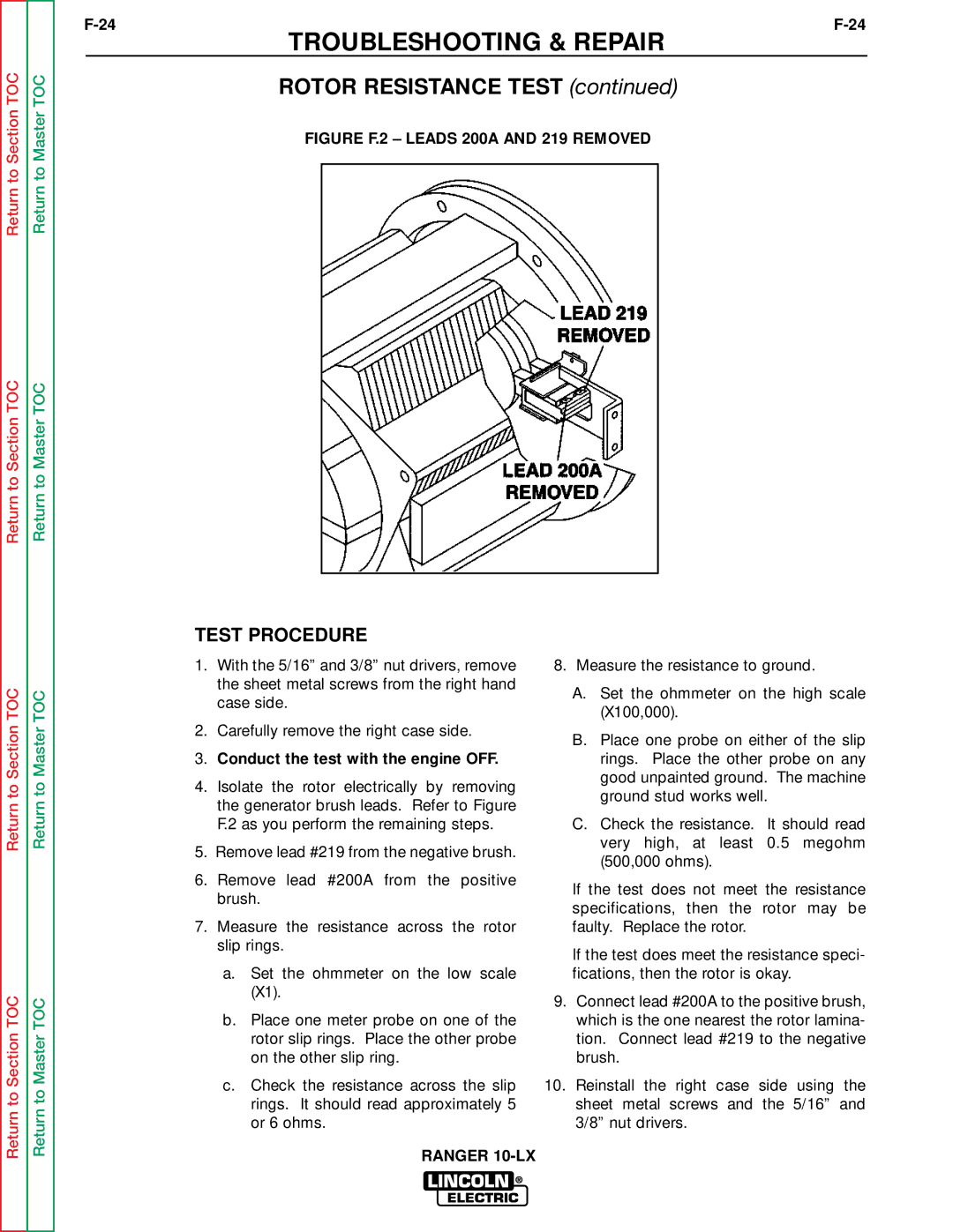 Lincoln Electric SVM120-A service manual Rotor Resistance Test, Conduct the test with the engine OFF 