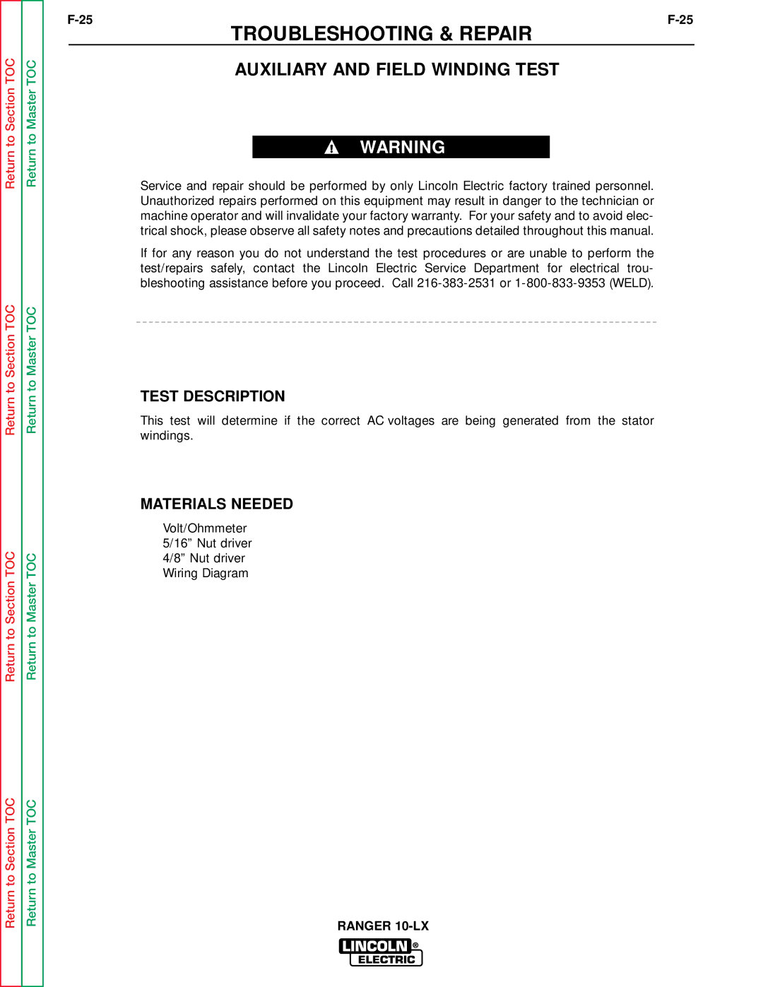 Lincoln Electric SVM120-A service manual Auxiliary and Field Winding Test 