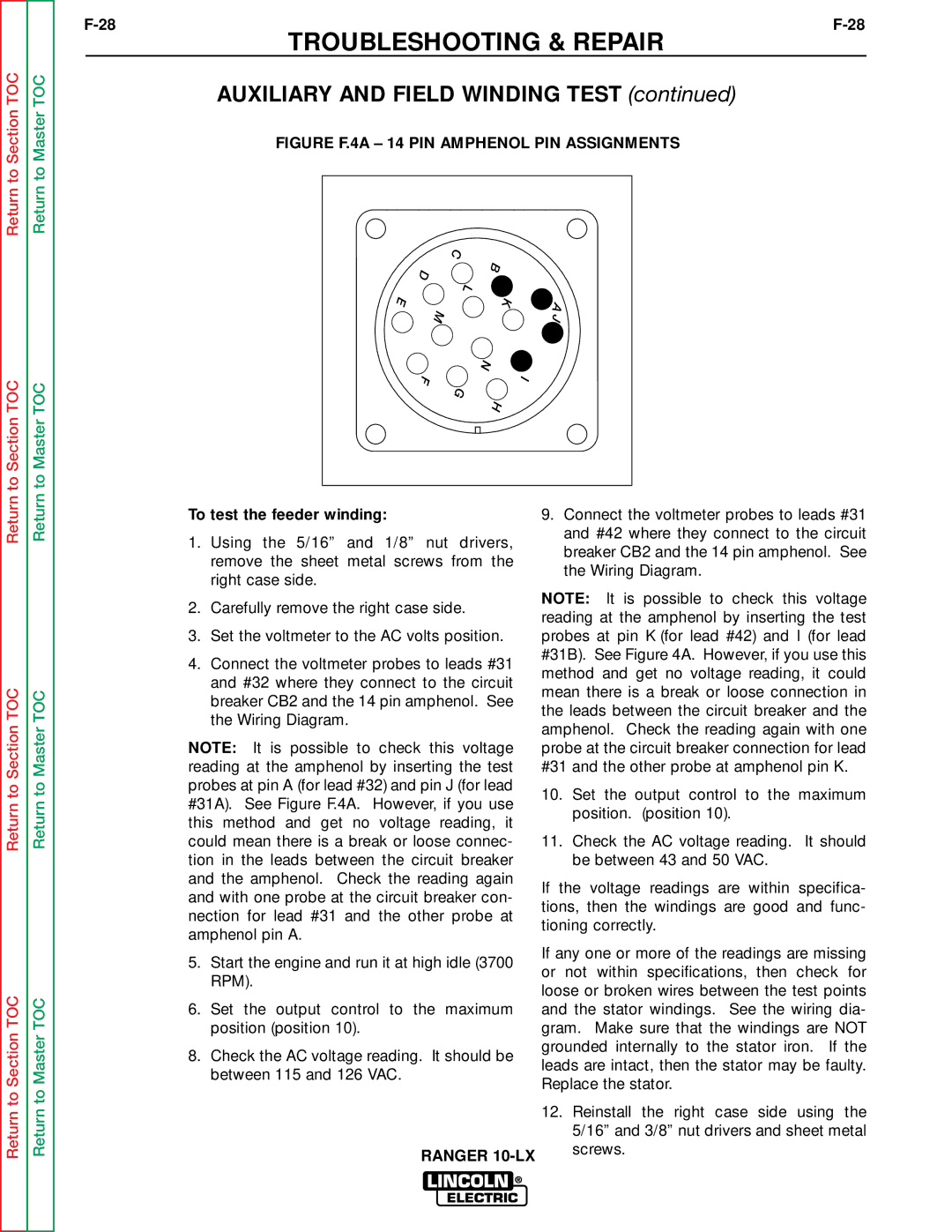 Lincoln Electric SVM120-A service manual Figure F.4A 14 PIN Amphenol PIN Assignments, To test the feeder winding 