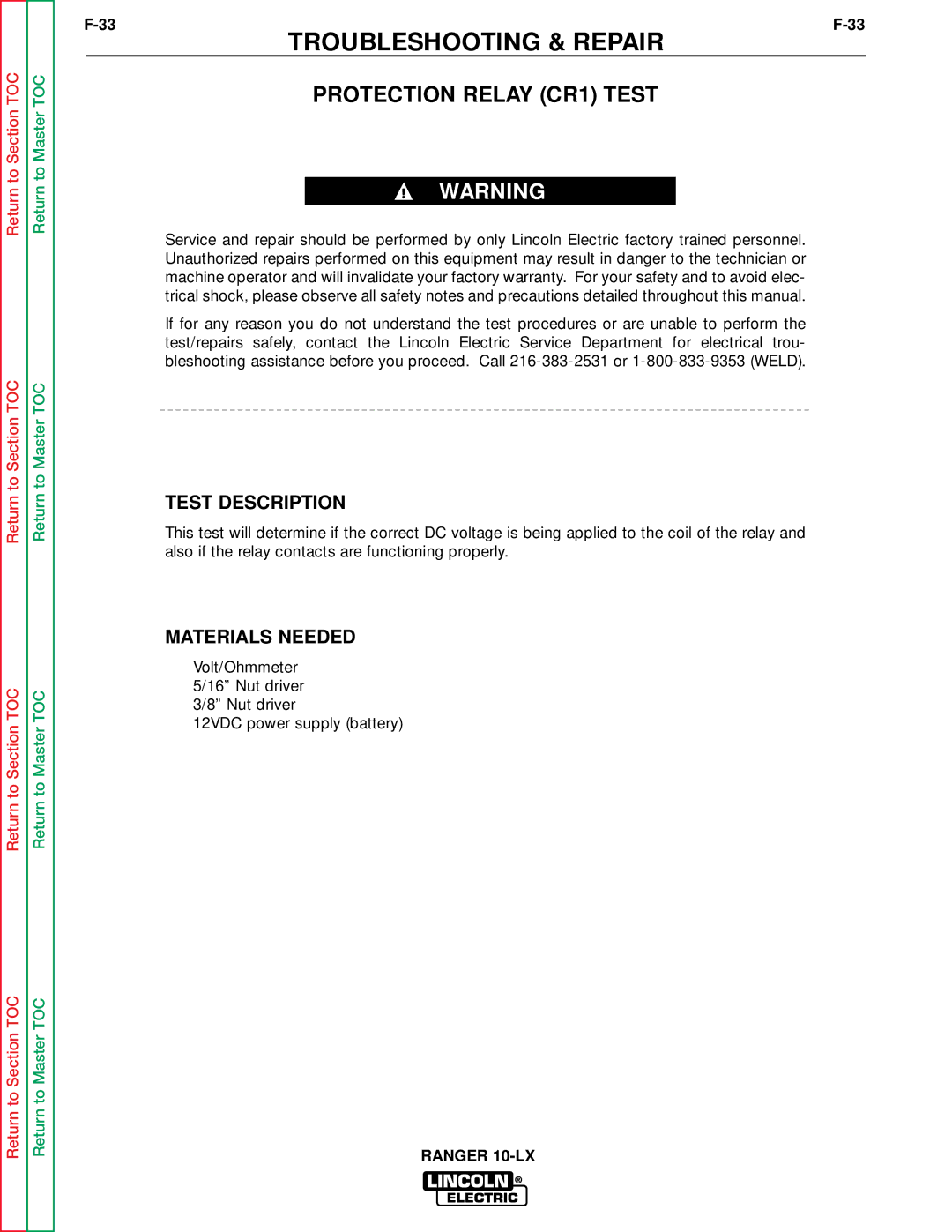 Lincoln Electric SVM120-A service manual Protection Relay CR1 Test 