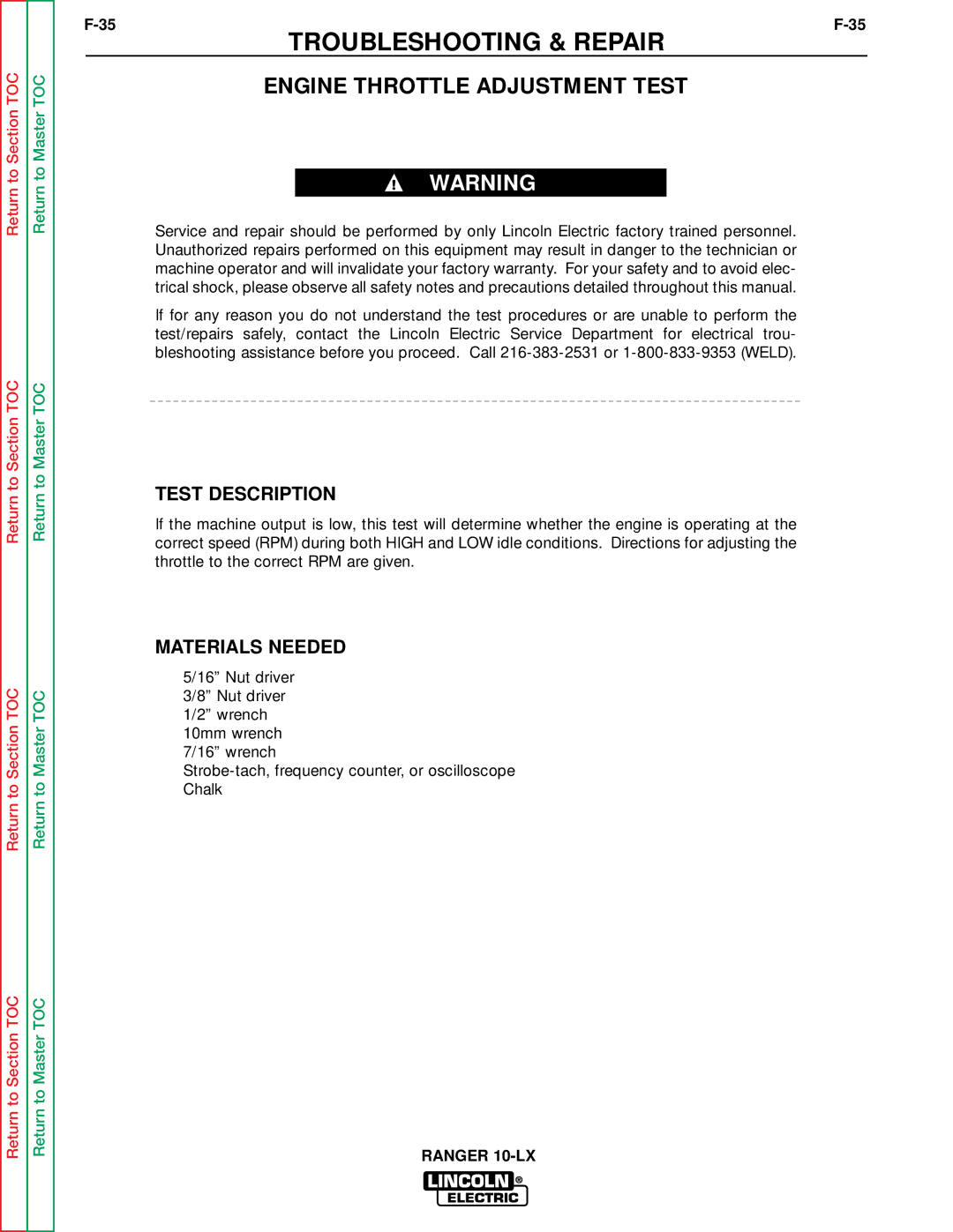 Lincoln Electric SVM120-A service manual Engine Throttle Adjustment Test 