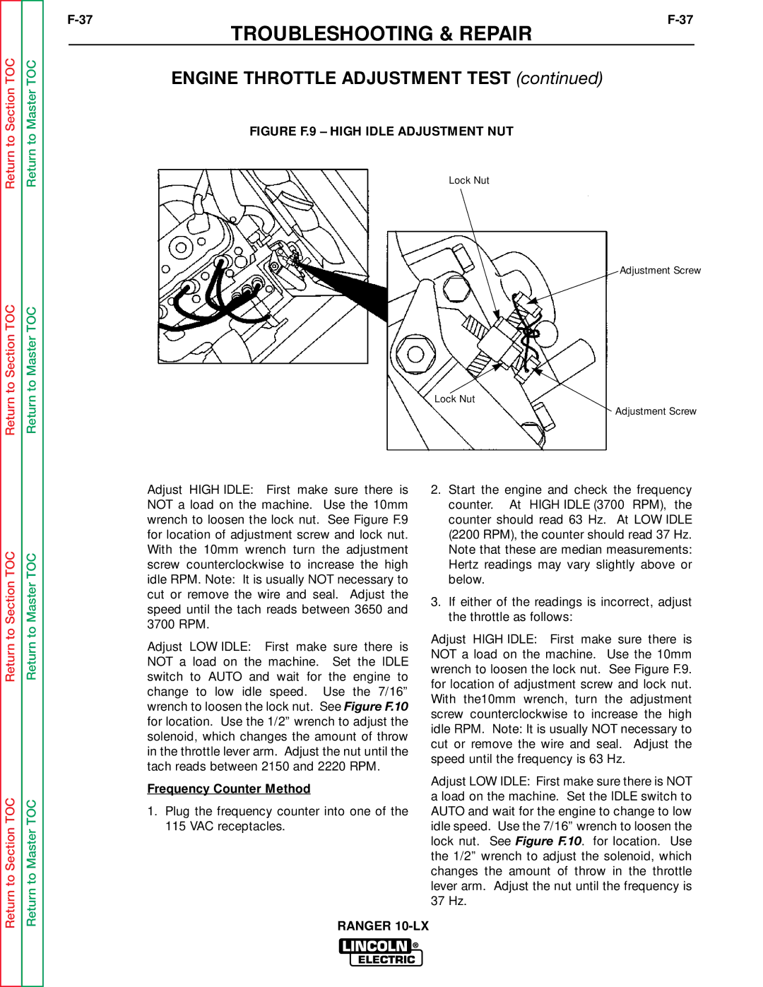 Lincoln Electric SVM120-A service manual Figure F.9 High Idle Adjustment NUT, Frequency Counter Method 