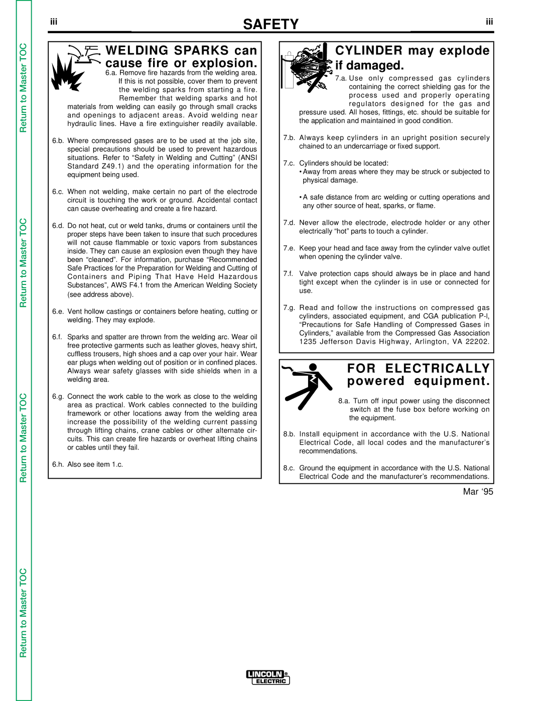 Lincoln Electric SVM123-A service manual Welding Sparks can cause fire or explosion 