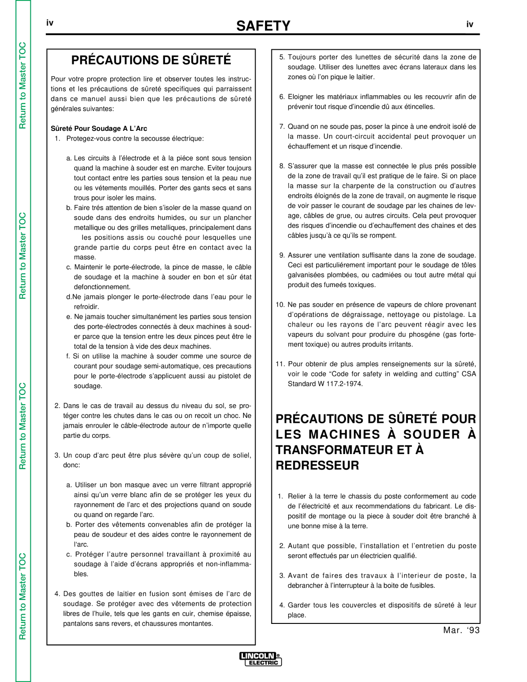 Lincoln Electric SVM123-A service manual Précautions DE Sûreté, Sûreté Pour Soudage a L’Arc 