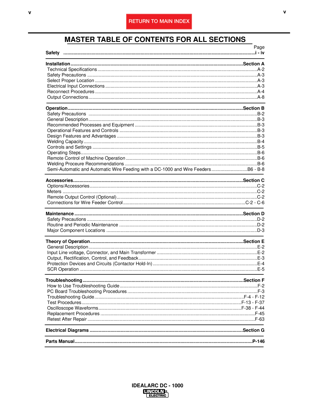 Lincoln Electric SVM123-A service manual Master Table of Contents for ALL Sections 