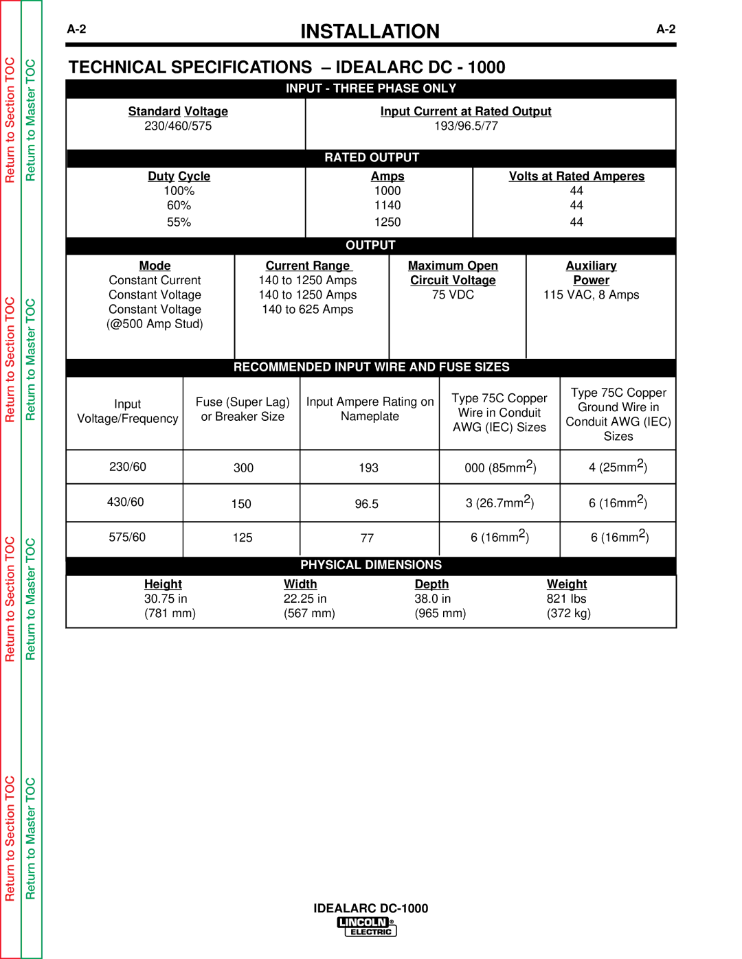 Lincoln Electric SVM123-A service manual Technical Specifications Idealarc DC, Output 