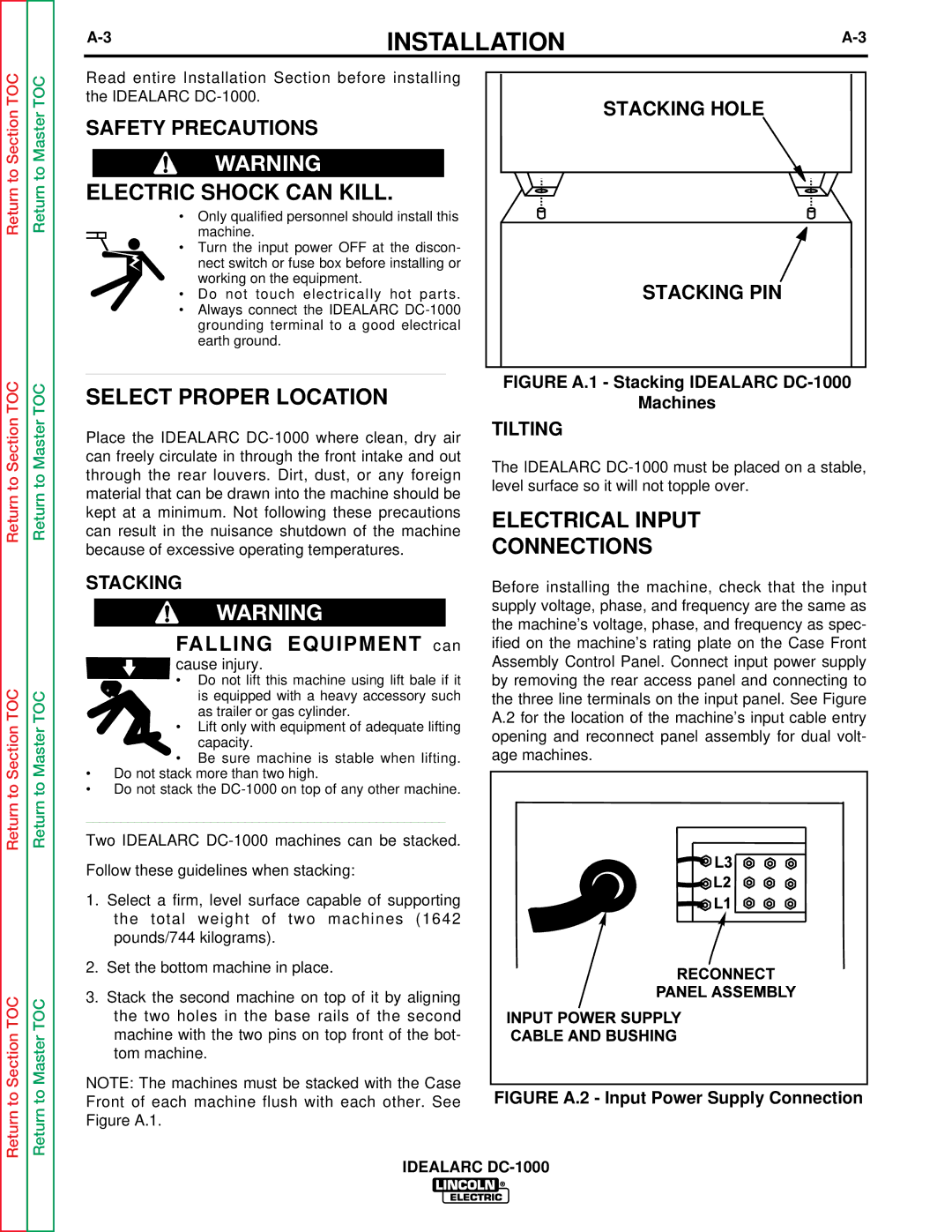 Lincoln Electric SVM123-A Electric Shock can Kill, Select Proper Location, Electrical Input Connections, Stacking, Tilting 