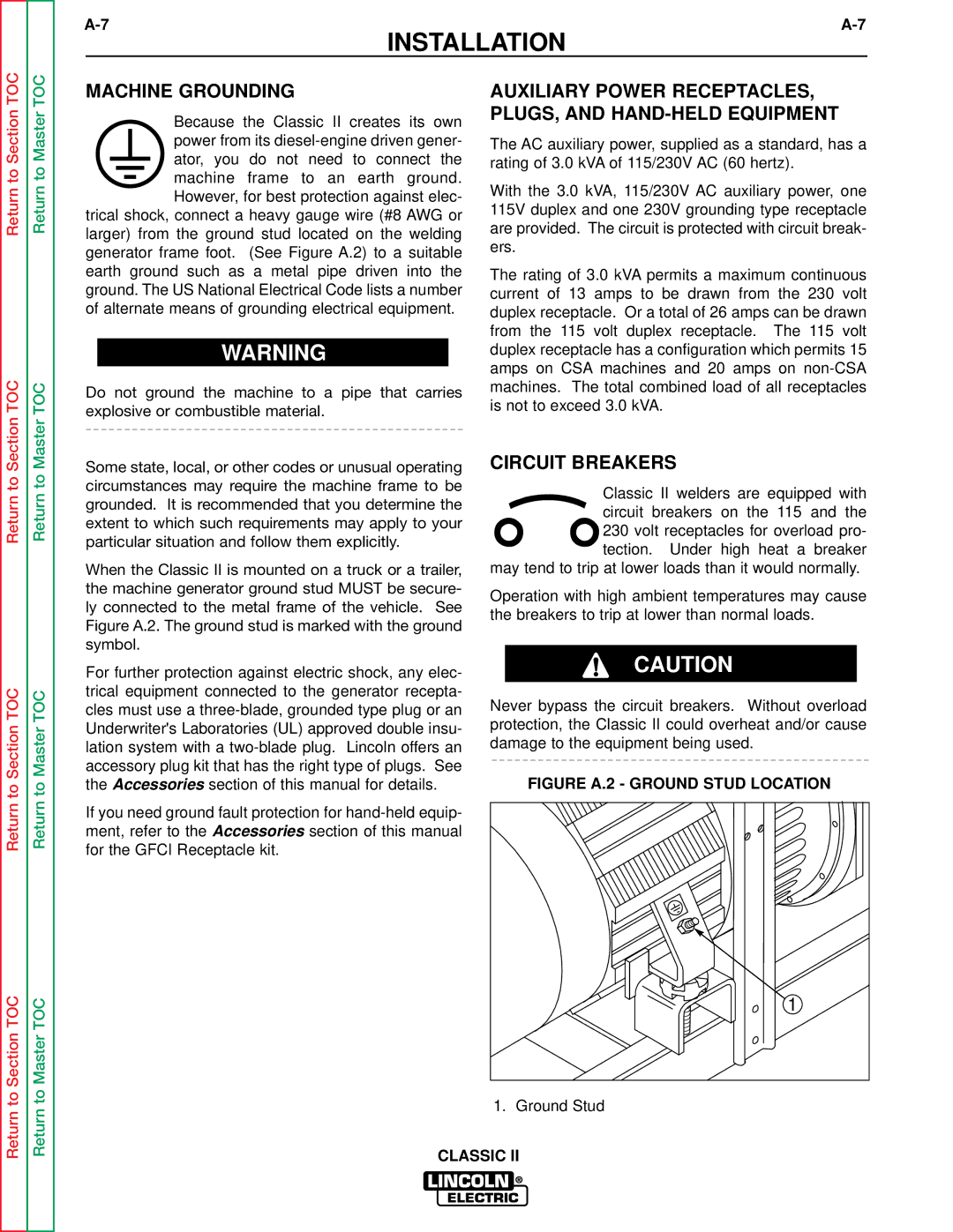 Lincoln Electric SVM125-A Machine Grounding, Auxiliary Power RECEPTACLES, PLUGS, and HAND-HELD Equipment, Circuit Breakers 