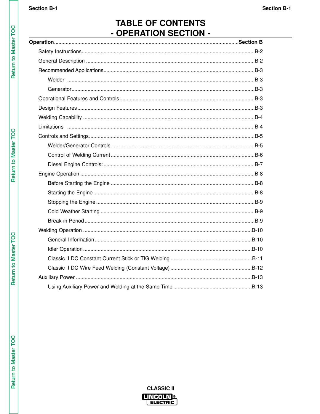 Lincoln Electric SVM125-A service manual Table of Contents Operation Section 