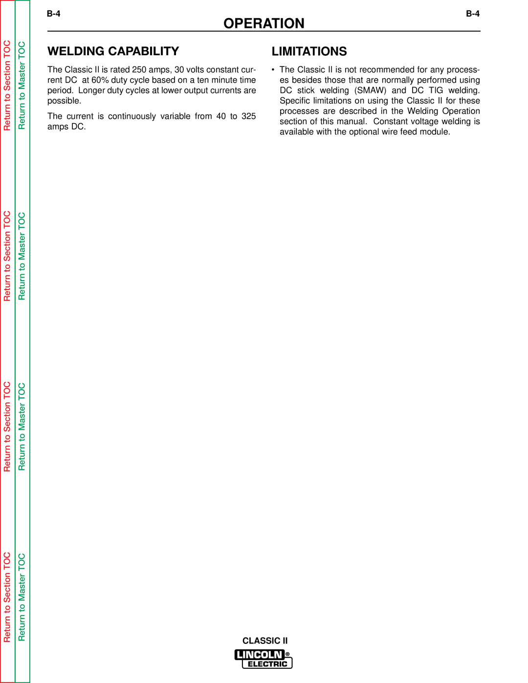 Lincoln Electric SVM125-A service manual Welding Capability, Limitations 