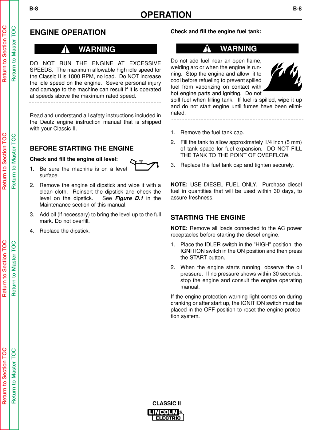 Lincoln Electric SVM125-A service manual Engine Operation, Before Starting the Engine, Check and fill the engine fuel tank 