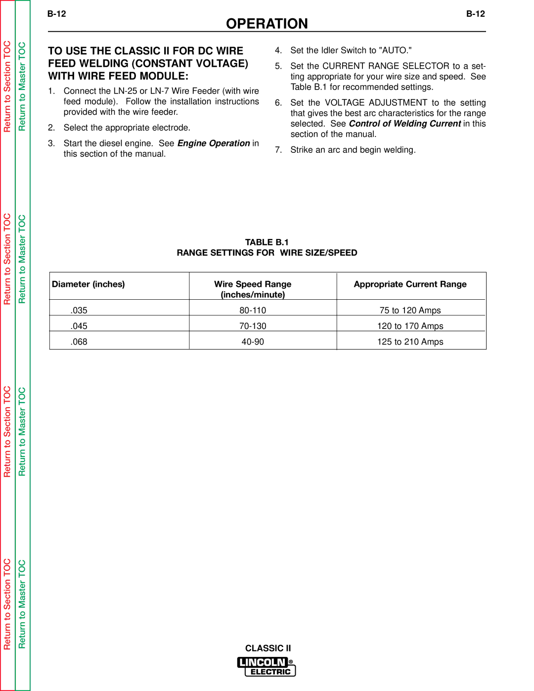 Lincoln Electric SVM125-A service manual Table B.1 Range Settings for Wire SIZE/SPEED 