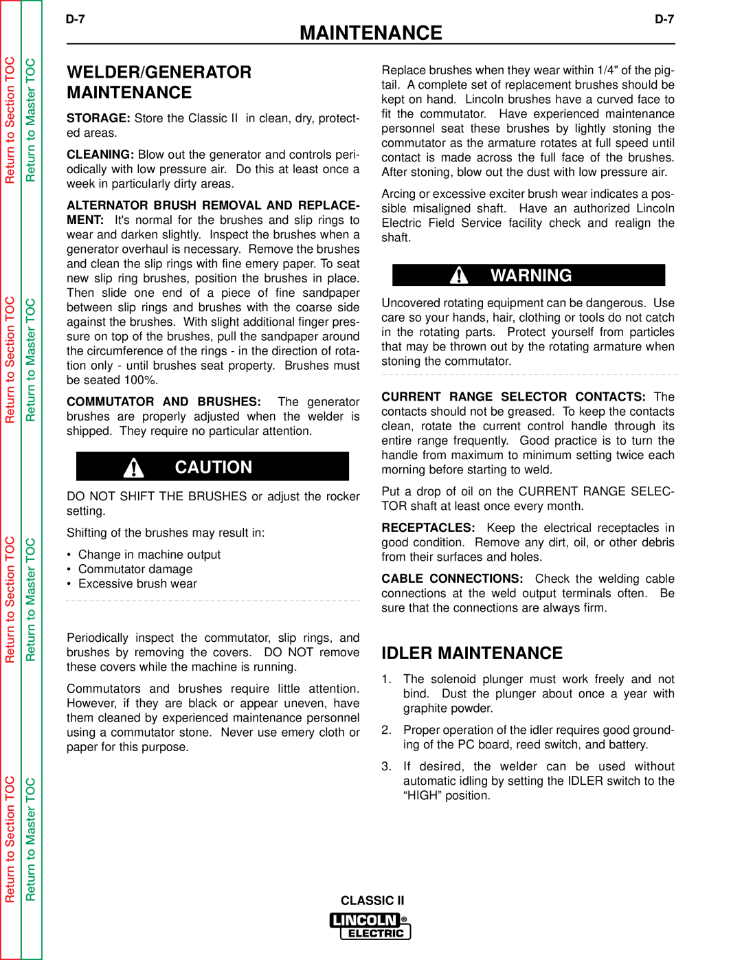 Lincoln Electric SVM125-A service manual WELDER/GENERATOR Maintenance, Idler Maintenance 