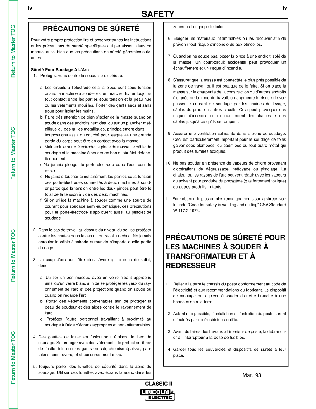 Lincoln Electric SVM125-A service manual Précautions DE Sûreté, Sûreté Pour Soudage a L’Arc 