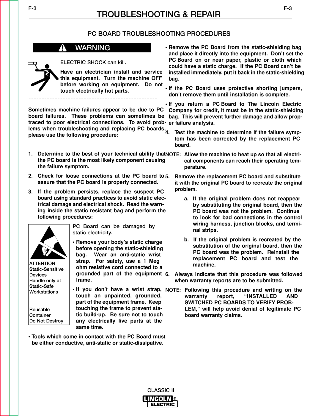 Lincoln Electric SVM125-A service manual PC Board Troubleshooting Procedures, PC Board can be damaged by static electricity 