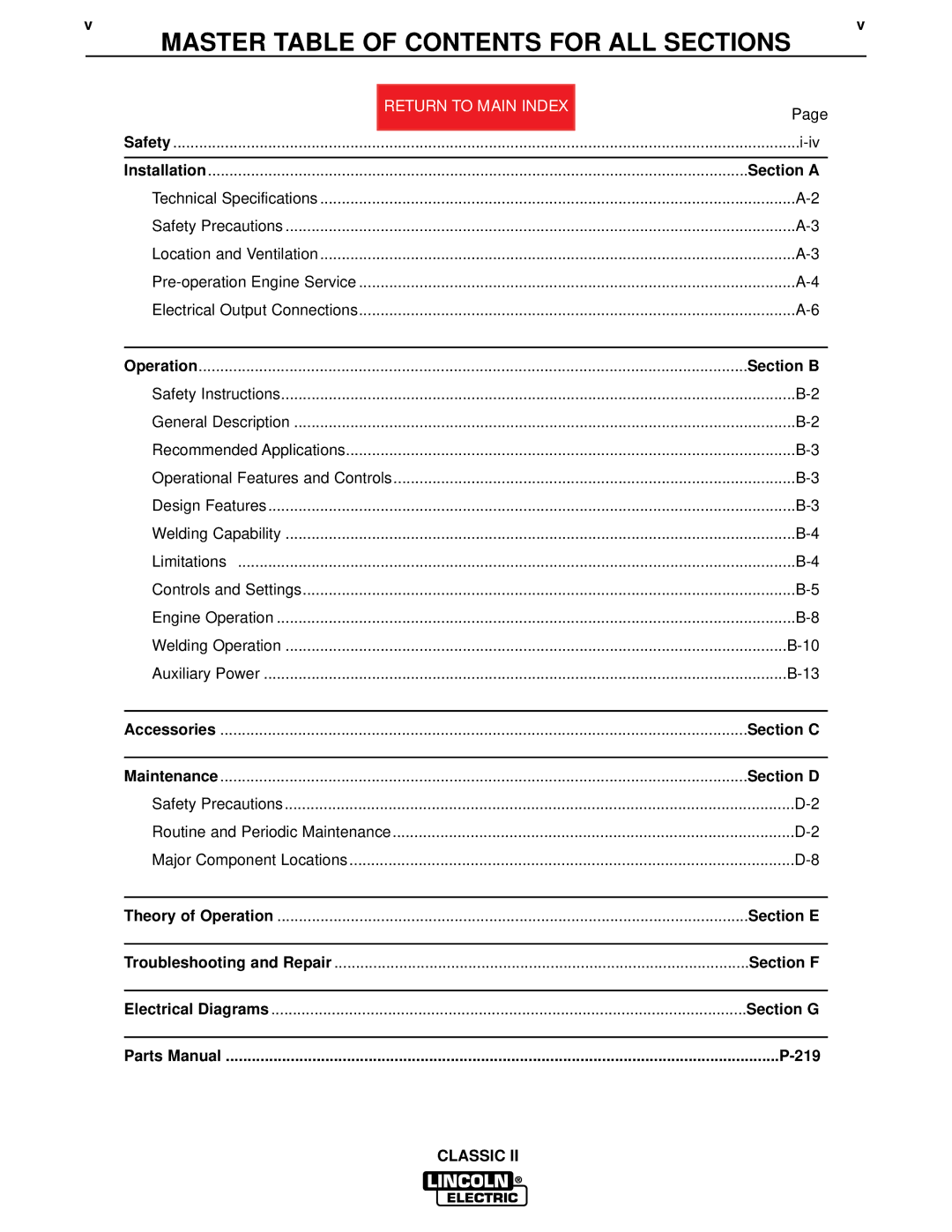 Lincoln Electric SVM125-A service manual Master Table of Contents for ALL Sections 