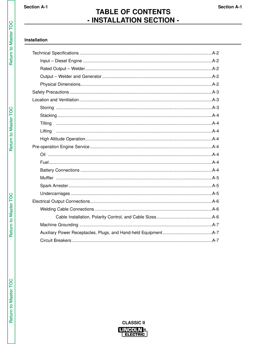 Lincoln Electric SVM125-A service manual Table of Contents Installation Section 