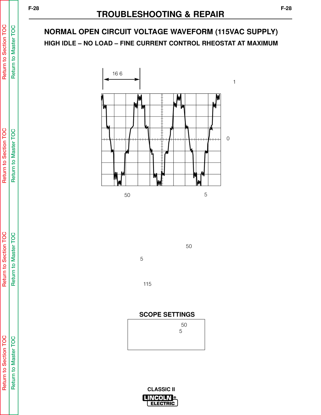 Lincoln Electric SVM125-A service manual Normal Open Circuit Voltage Waveform 115VAC Supply, Scope Settings 