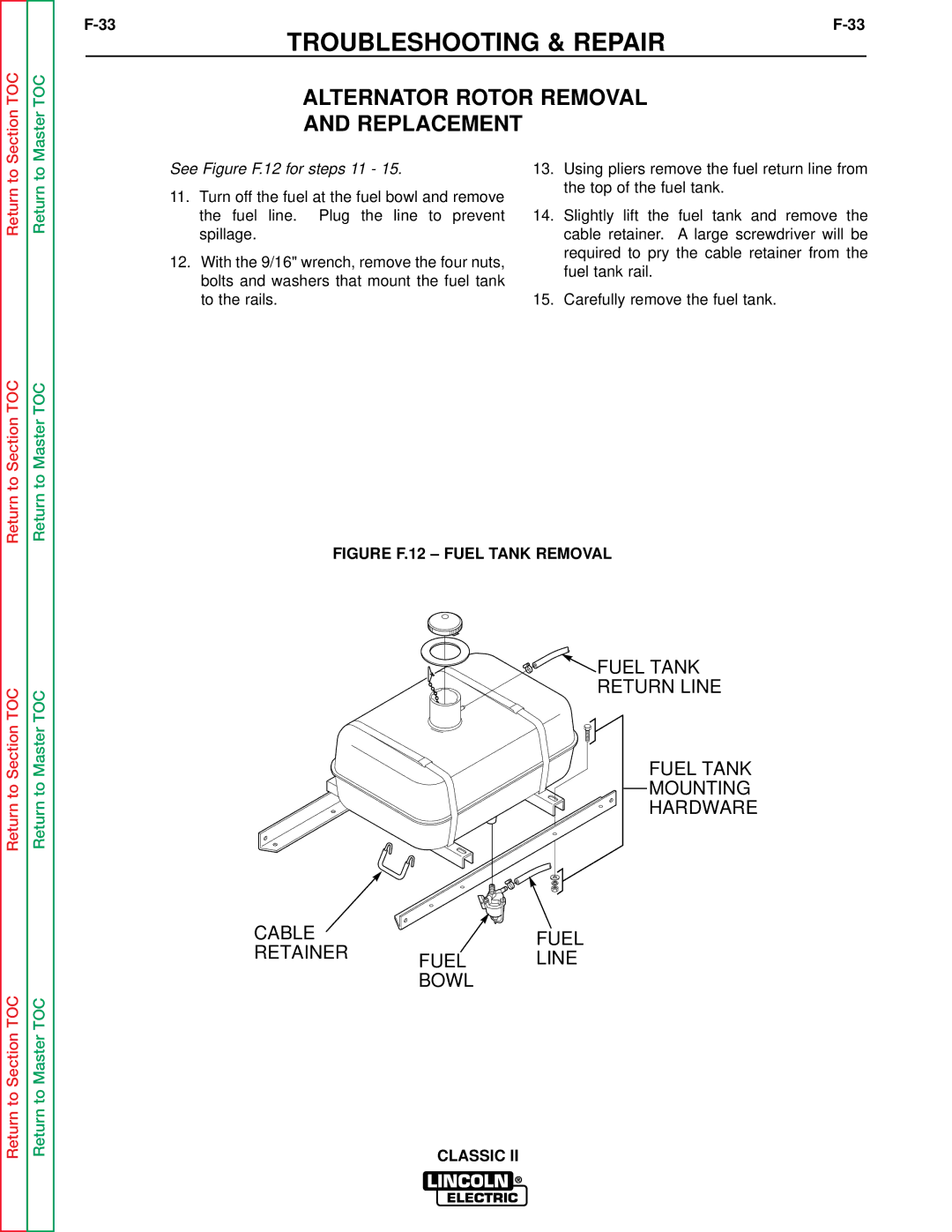 Lincoln Electric SVM125-A service manual Fuel Tank Return Line Mounting Hardware Cable Retainer Bowl 