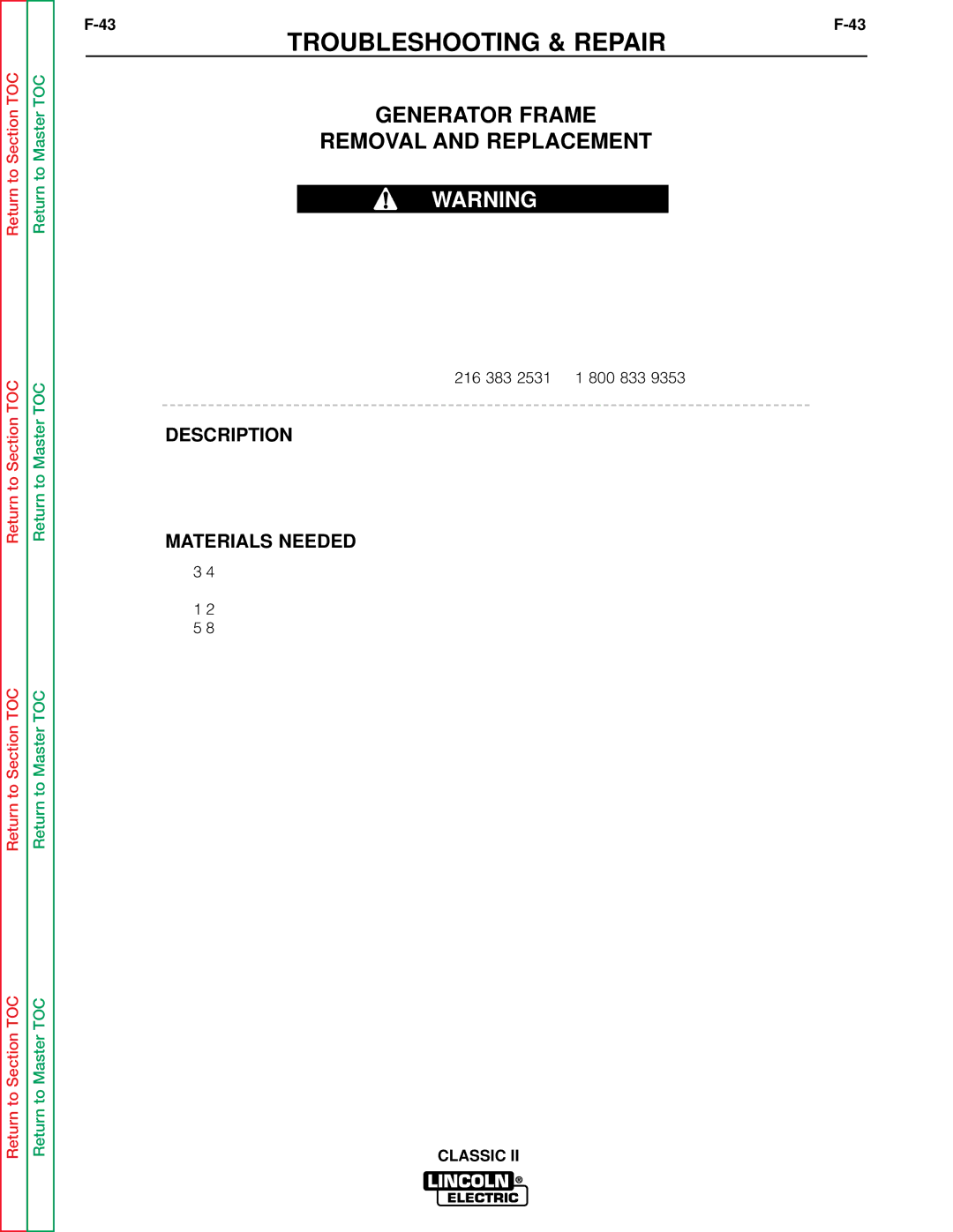 Lincoln Electric SVM125-A service manual Generator Frame Removal and Replacement, Description 