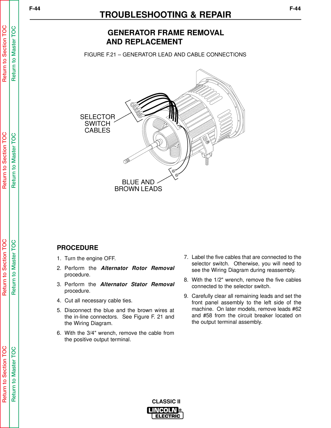 Lincoln Electric SVM125-A service manual Generator Frame Removal, Figure F.21 Generator Lead and Cable Connections 