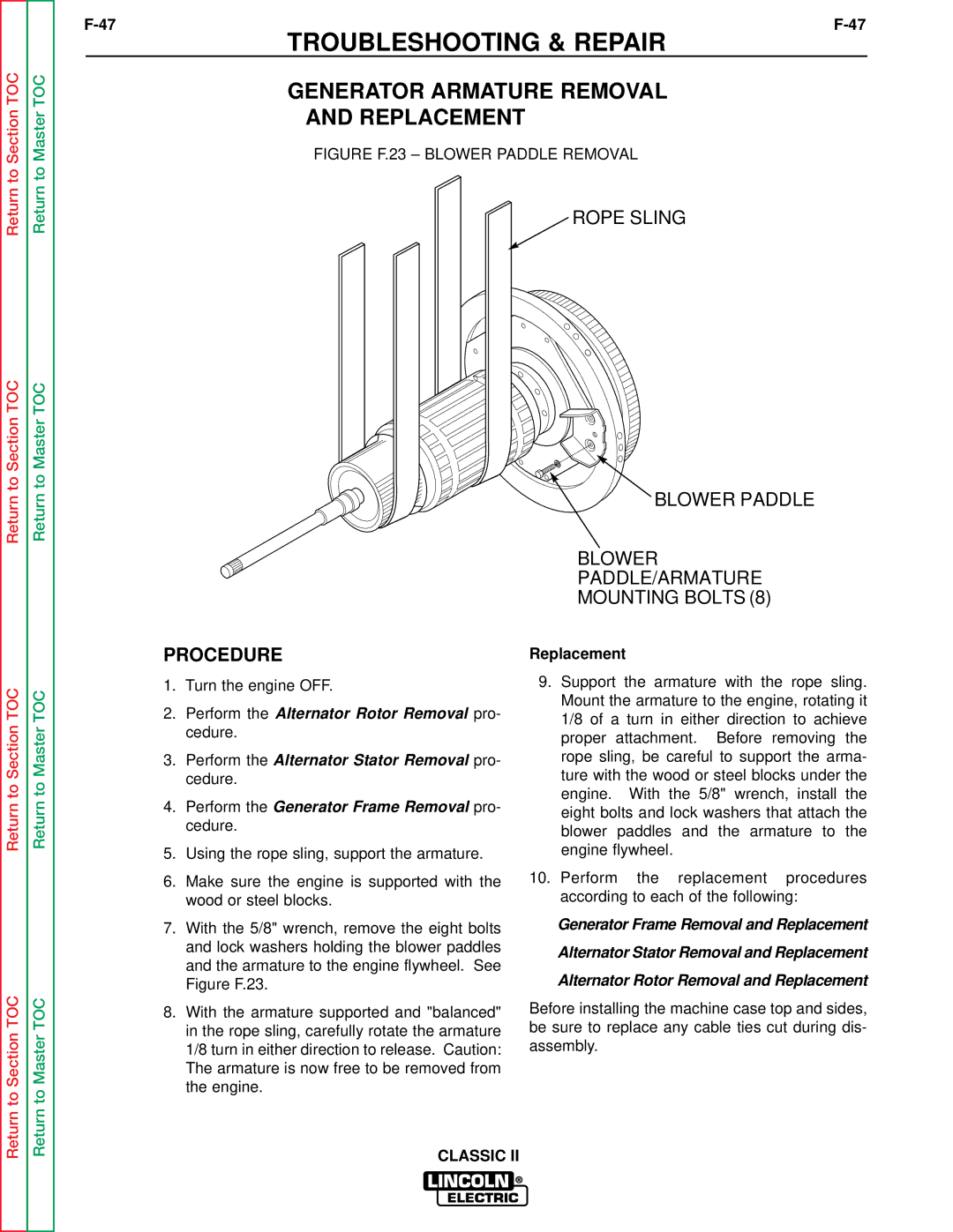 Lincoln Electric SVM125-A service manual Generator Armature Removal, Blower Paddle PADDLE/ARMATURE Mounting Bolts 