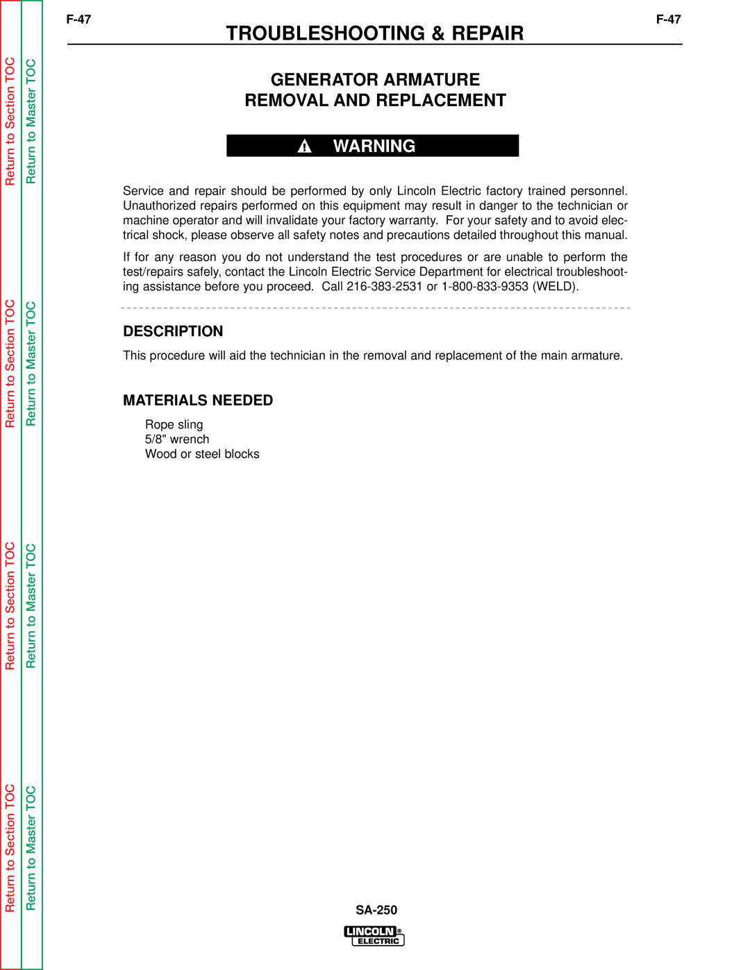 Lincoln Electric SVM128-A service manual Generator Armature Removal and Replacement, Description 