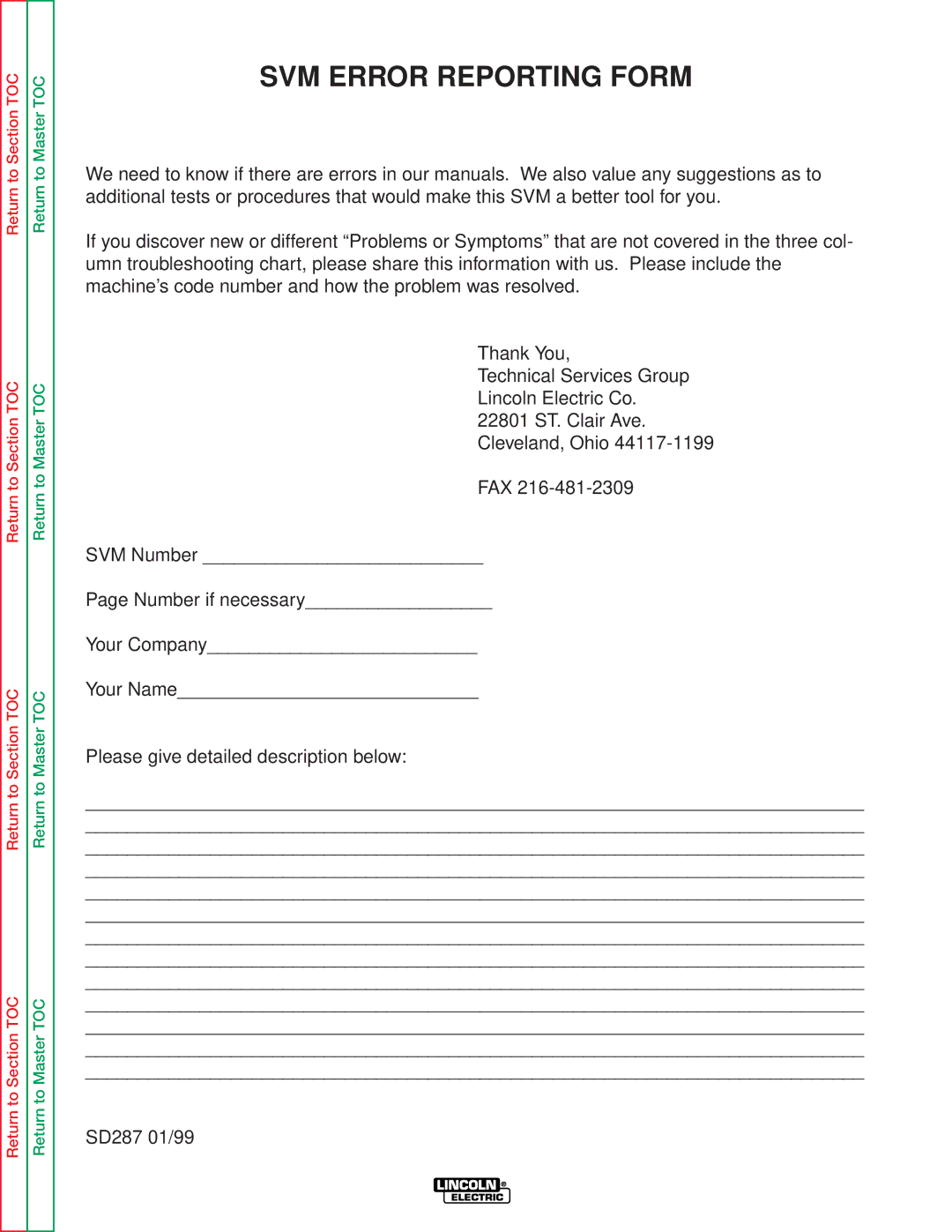 Lincoln Electric SVM128-A service manual SVM Error Reporting Form 