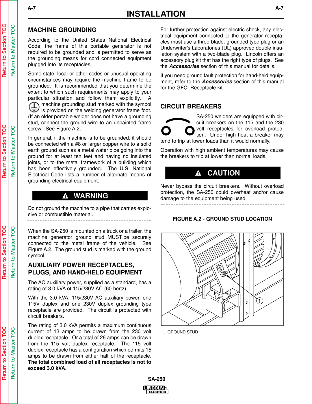 Lincoln Electric SVM128-A Machine Grounding, Circuit Breakers, Auxiliary Power RECEPTACLES, PLUGS, and HAND-HELD Equipment 