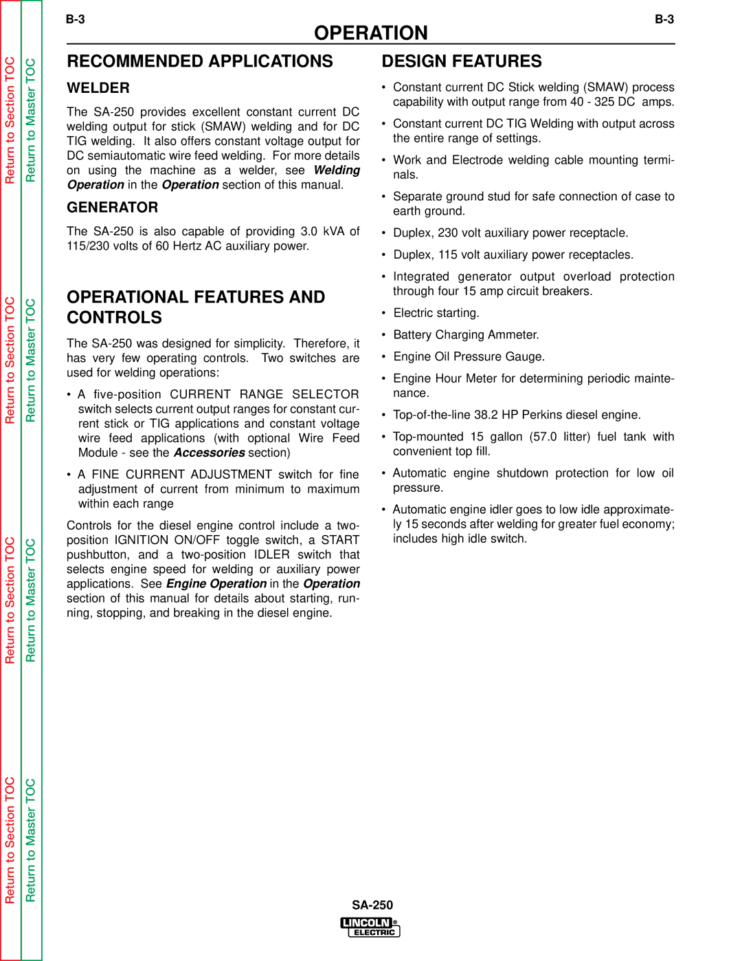 Lincoln Electric SVM128-A Recommended Applications, Operational Features and Controls, Design Features, Welder, Generator 