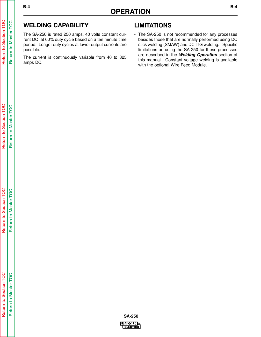 Lincoln Electric SVM128-A service manual Welding Capability, Limitations 