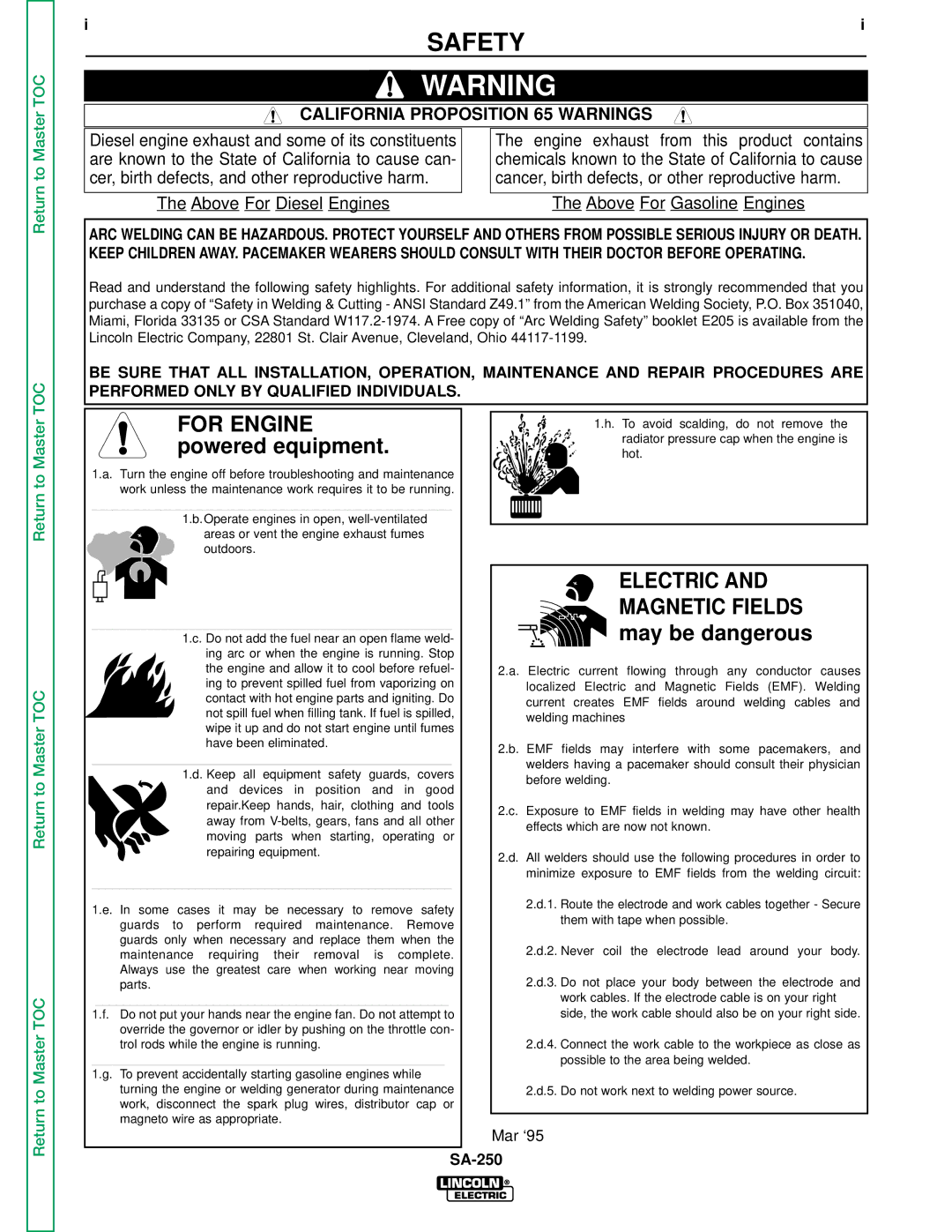 Lincoln Electric SVM128-A service manual Safety, SA-250 