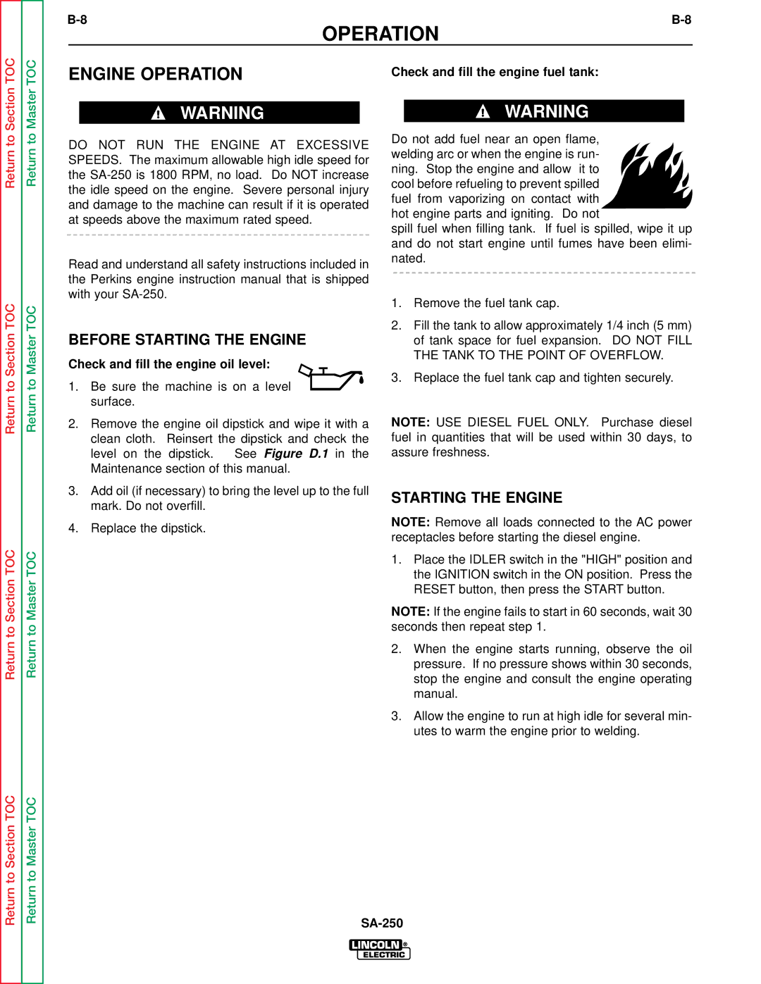 Lincoln Electric SVM128-A service manual Engine Operation, Before Starting the Engine, Check and fill the engine fuel tank 