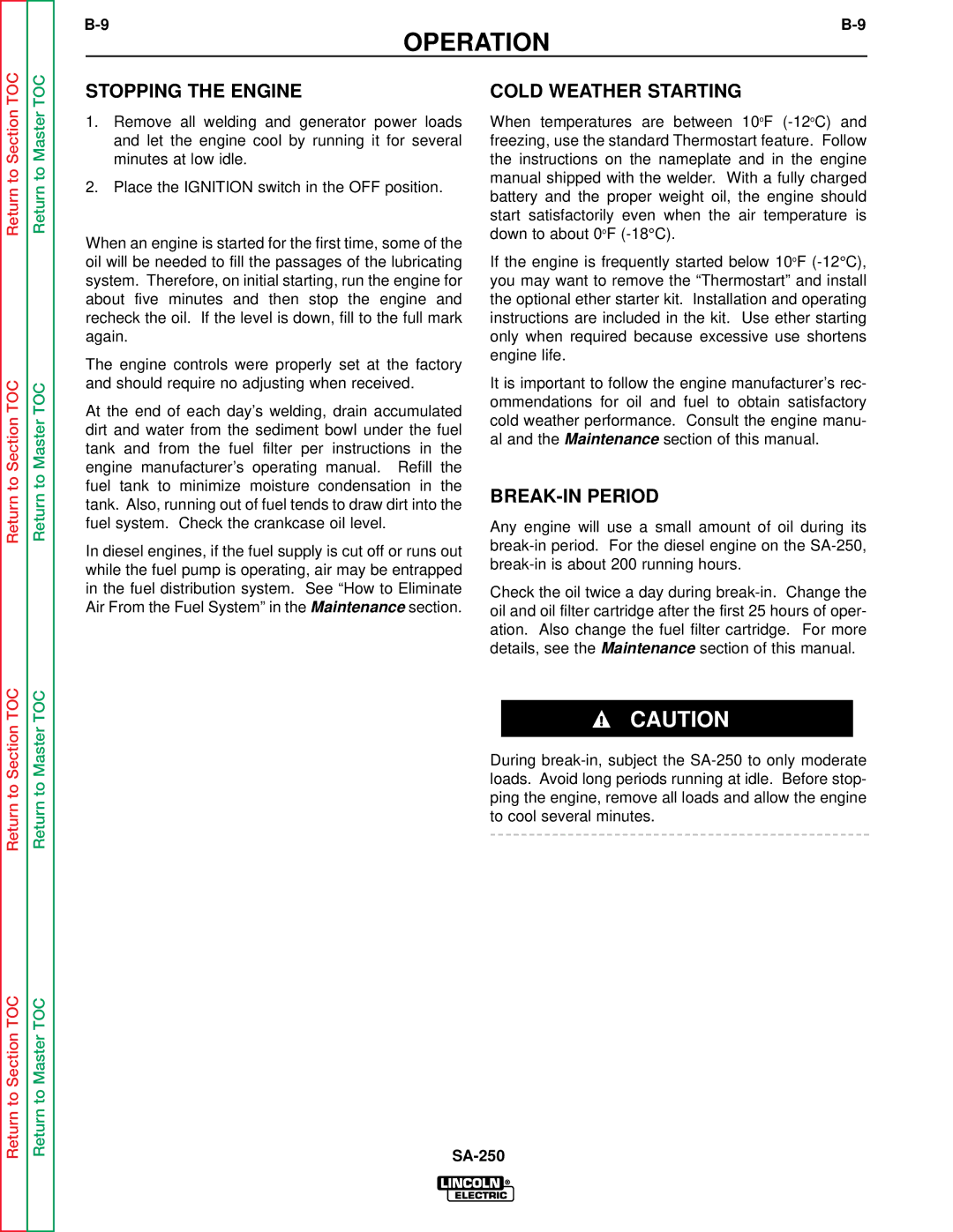 Lincoln Electric SVM128-A service manual Stopping the Engine, Cold Weather Starting, BREAK-IN Period 