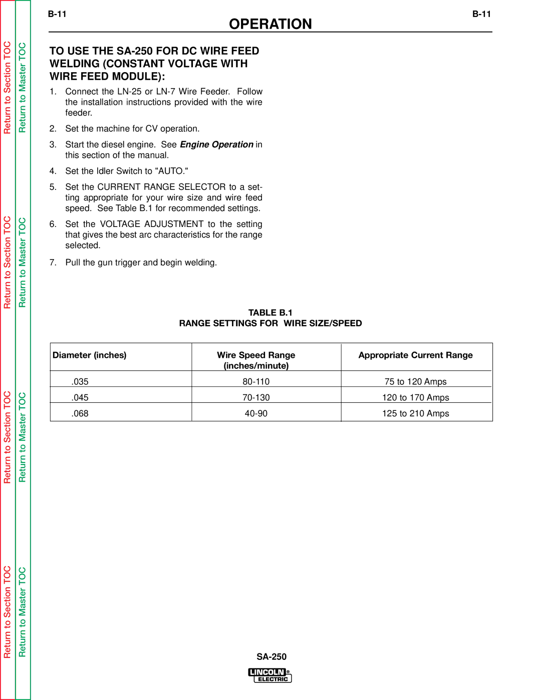 Lincoln Electric SVM128-A service manual Table B.1 Range Settings for Wire SIZE/SPEED 