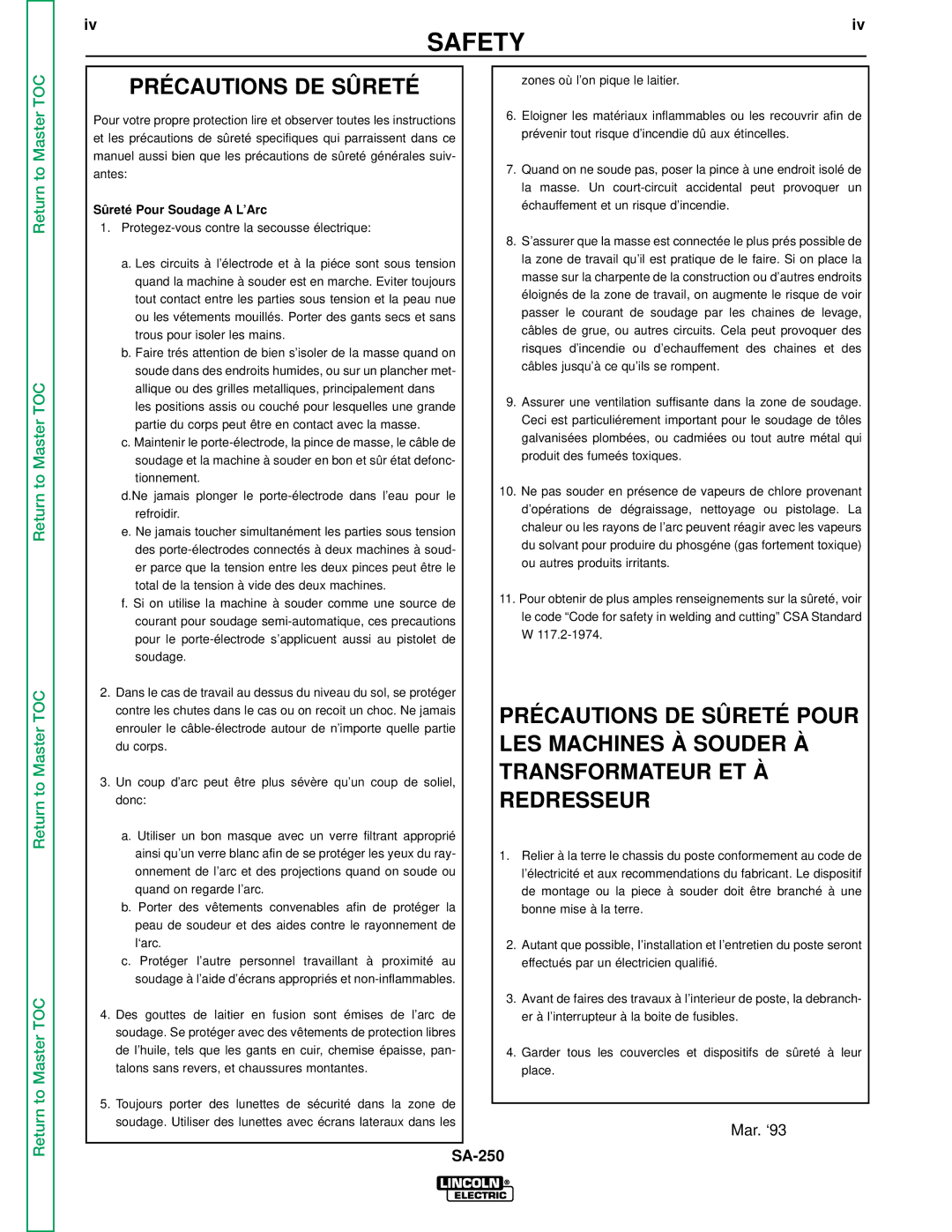 Lincoln Electric SVM128-A service manual Précautions DE Sûreté, Sûreté Pour Soudage a L’Arc 