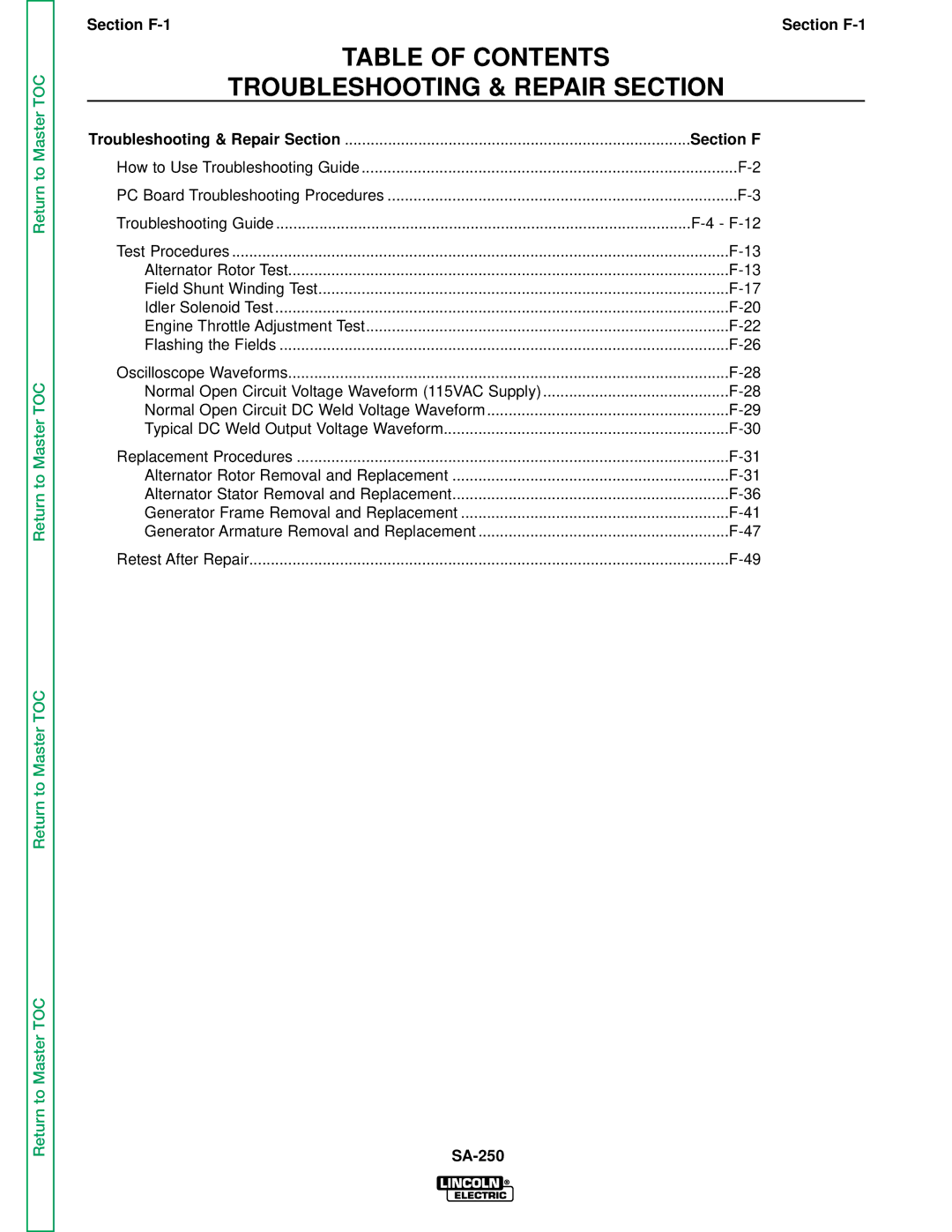 Lincoln Electric SVM128-A service manual Table of Contents Troubleshooting & Repair Section 