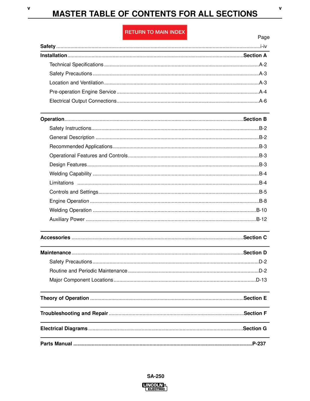 Lincoln Electric SVM128-A service manual Master Table of Contents for ALL Sections 