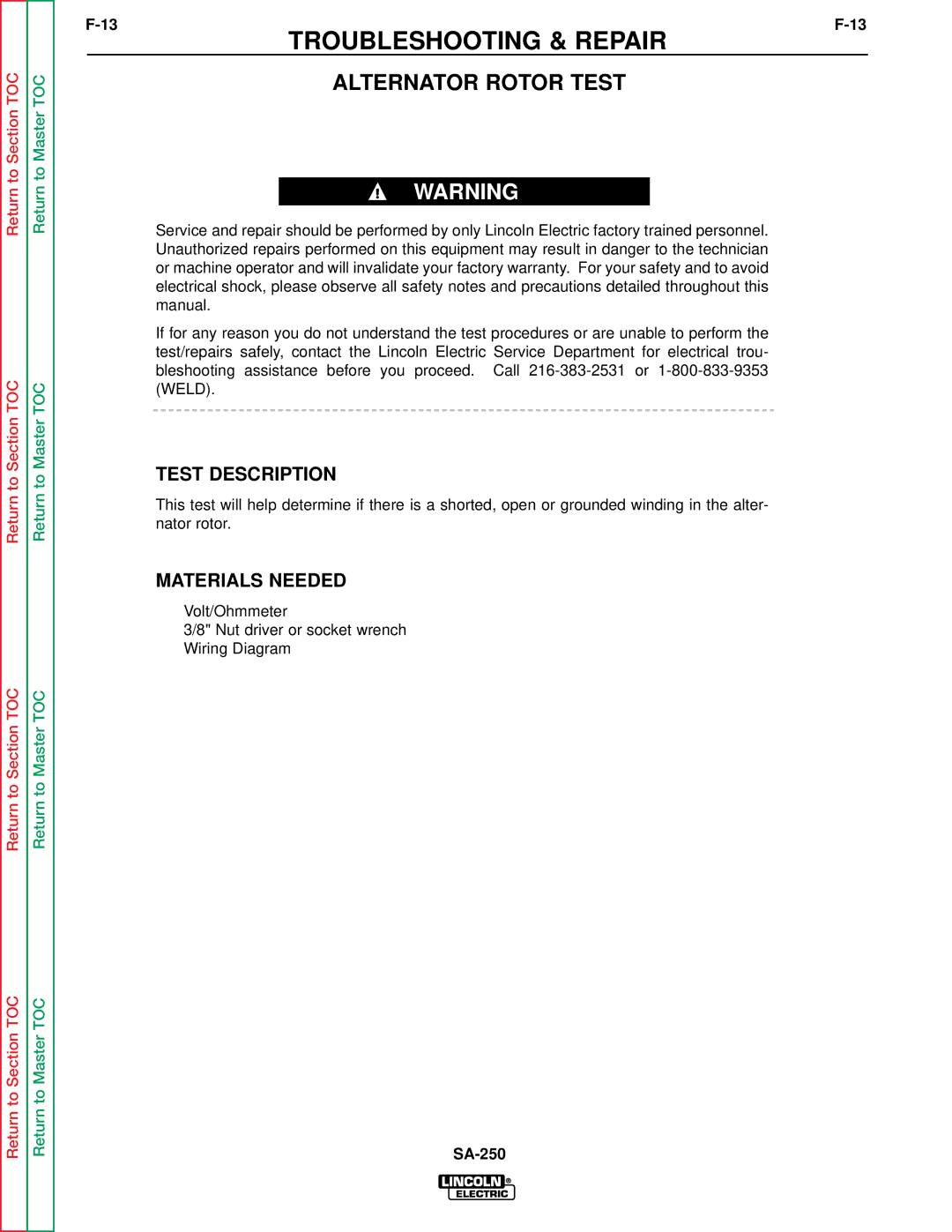 Lincoln Electric SVM128-A service manual Alternator Rotor Test, Test Description, Materials Needed 