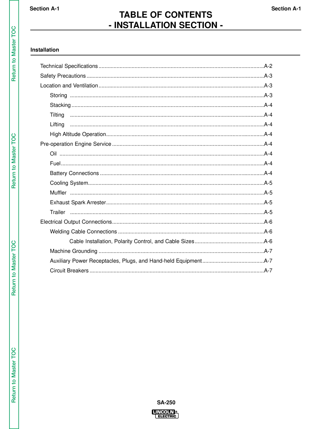 Lincoln Electric SVM128-A service manual Table of Contents Installation Section 