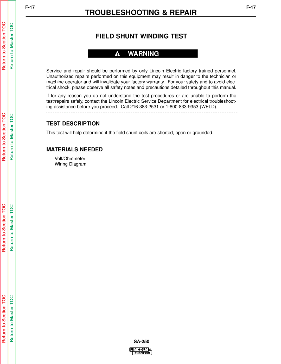 Lincoln Electric SVM128-A service manual Field Shunt Winding Test, Test Description 