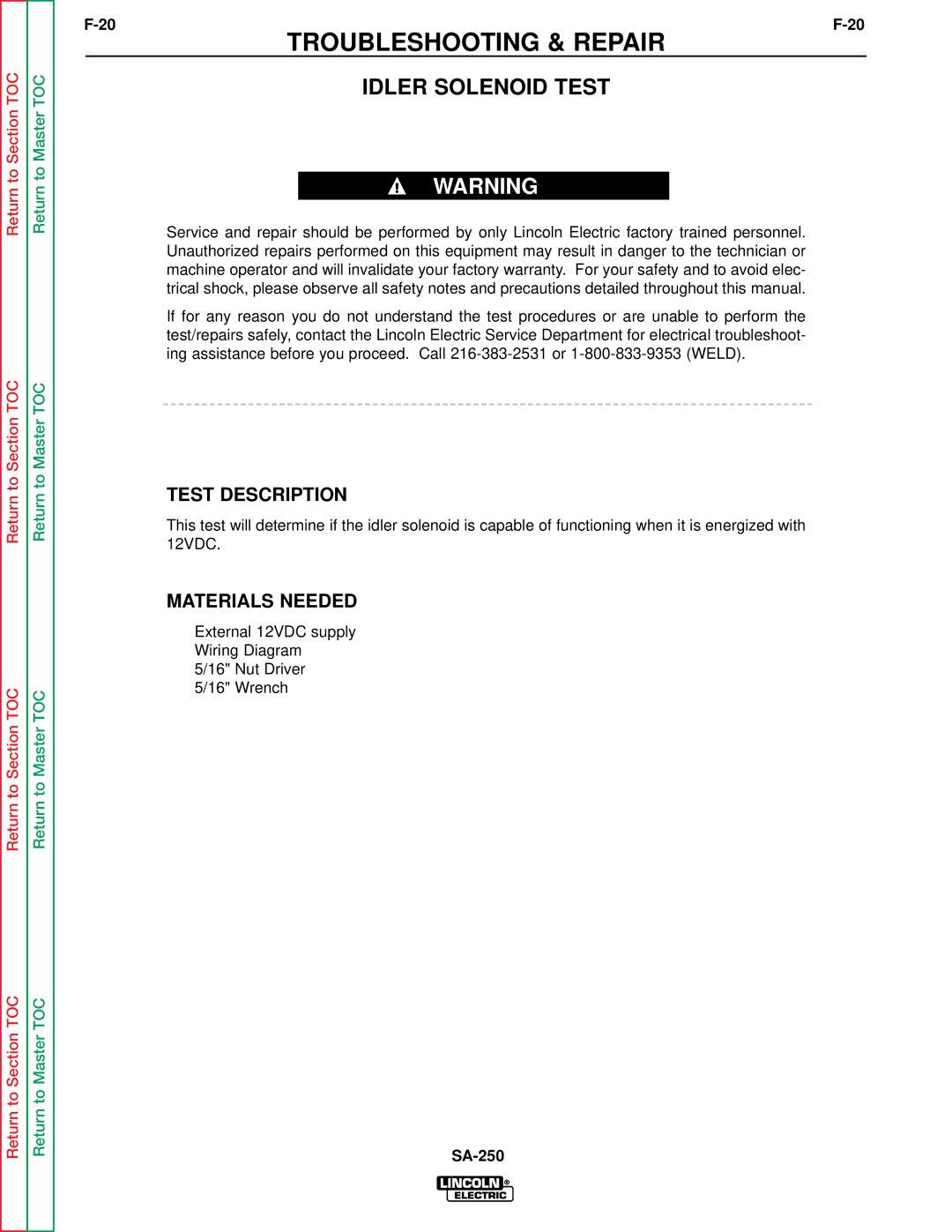 Lincoln Electric SVM128-A service manual Idler Solenoid Test, Test Description 