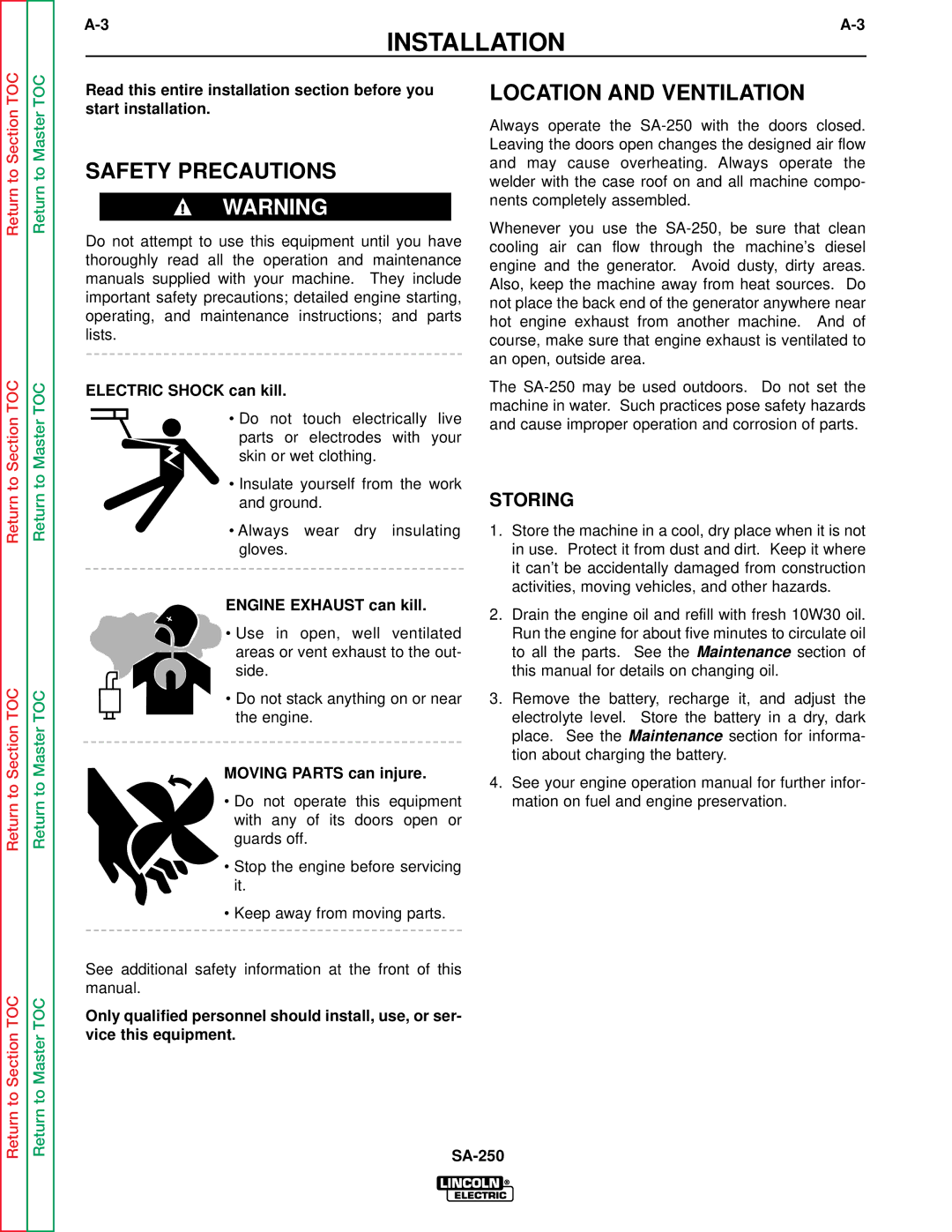 Lincoln Electric SVM128-A service manual Safety Precautions, Location and Ventilation, Storing 