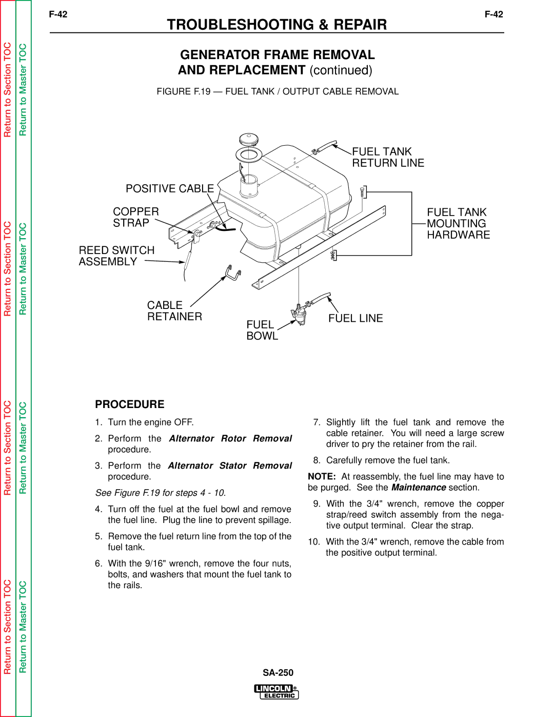 Lincoln Electric SVM128-A service manual Generator Frame Removal, See Figure F.19 for steps 4 