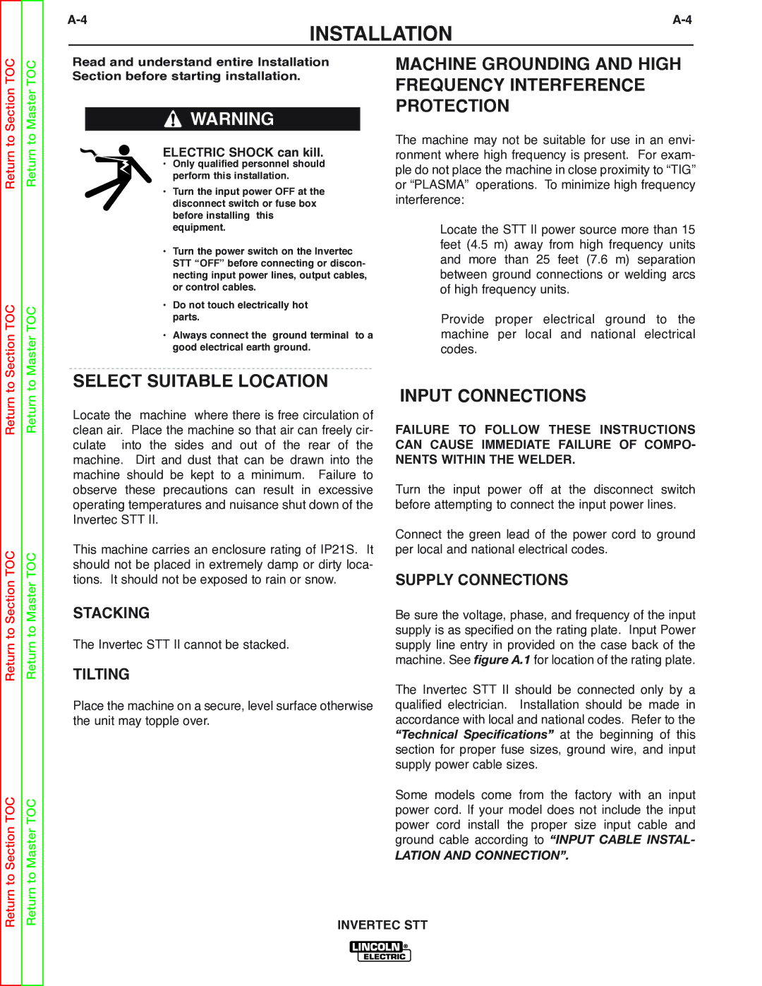 Lincoln Electric SVM129-B service manual Select Suitable Location, Input Connections, Stacking, Tilting, Supply Connections 