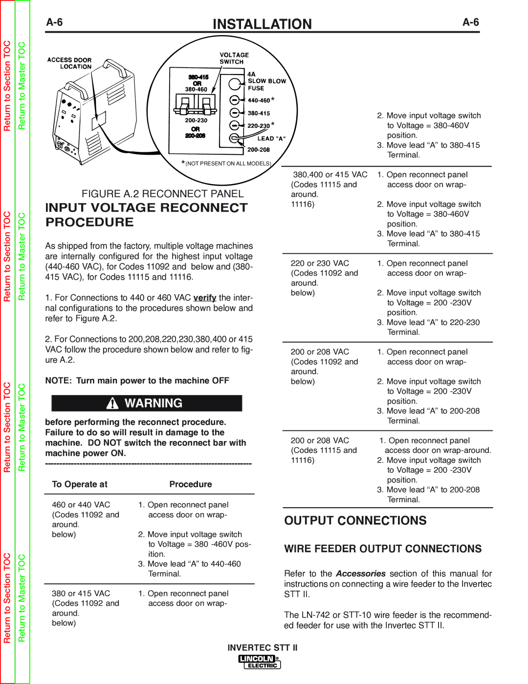 Lincoln Electric SVM129-B service manual Input Voltage Reconnect Procedure, Wire Feeder Output Connections 