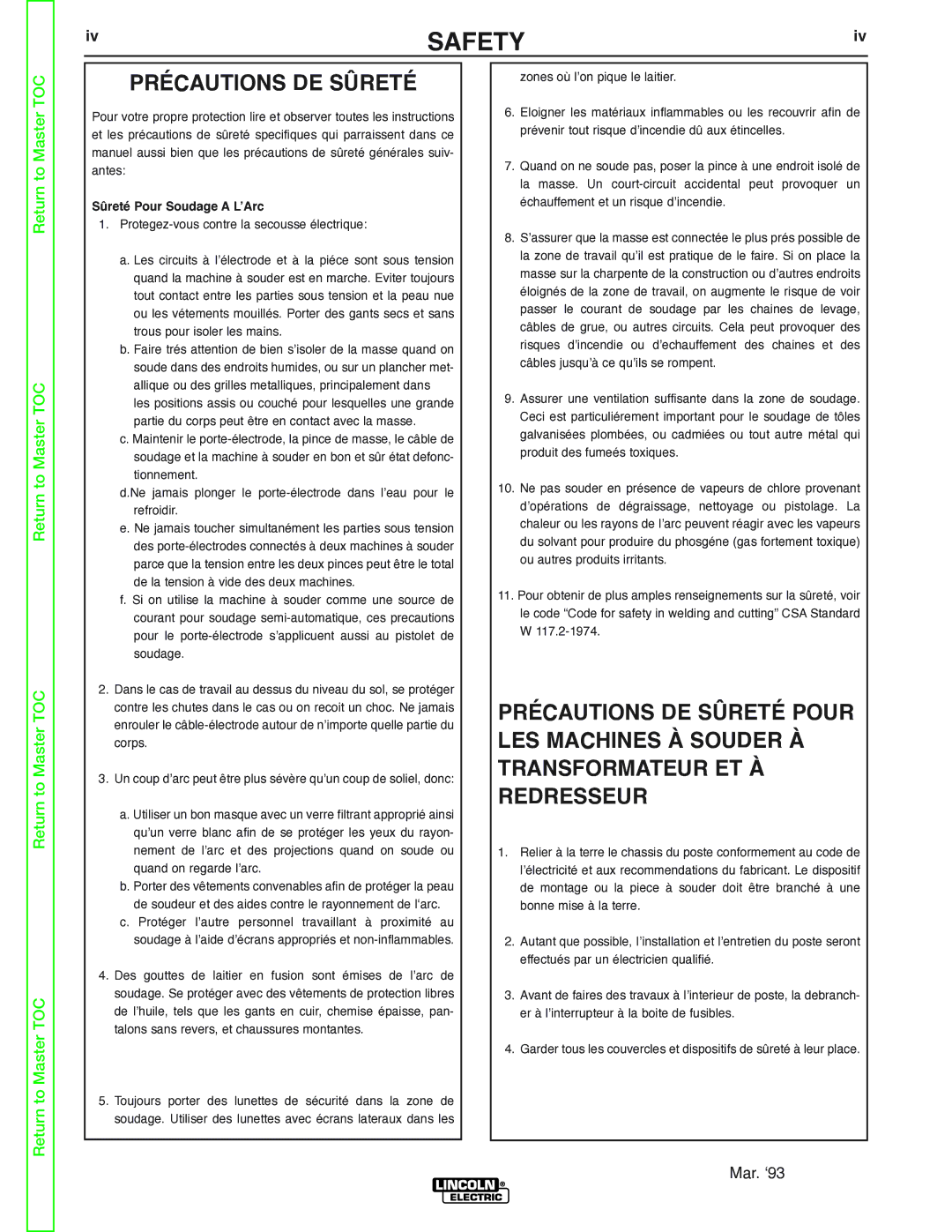 Lincoln Electric SVM129-B service manual Précautions DE Sûreté, Sûreté Pour Soudage a L’Arc 